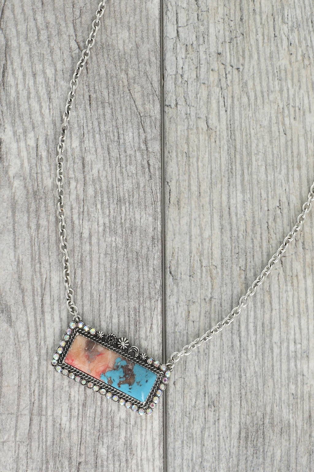 Faux Silver Western Rectangle Turquoise Concho Necklace