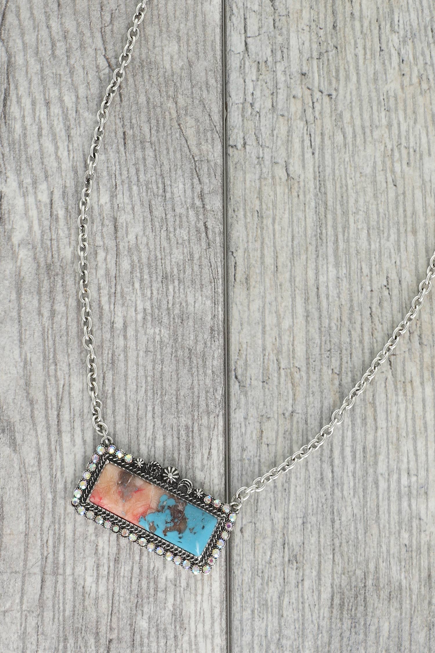 Faux Silver Western Rectangle Turquoise Concho Necklace