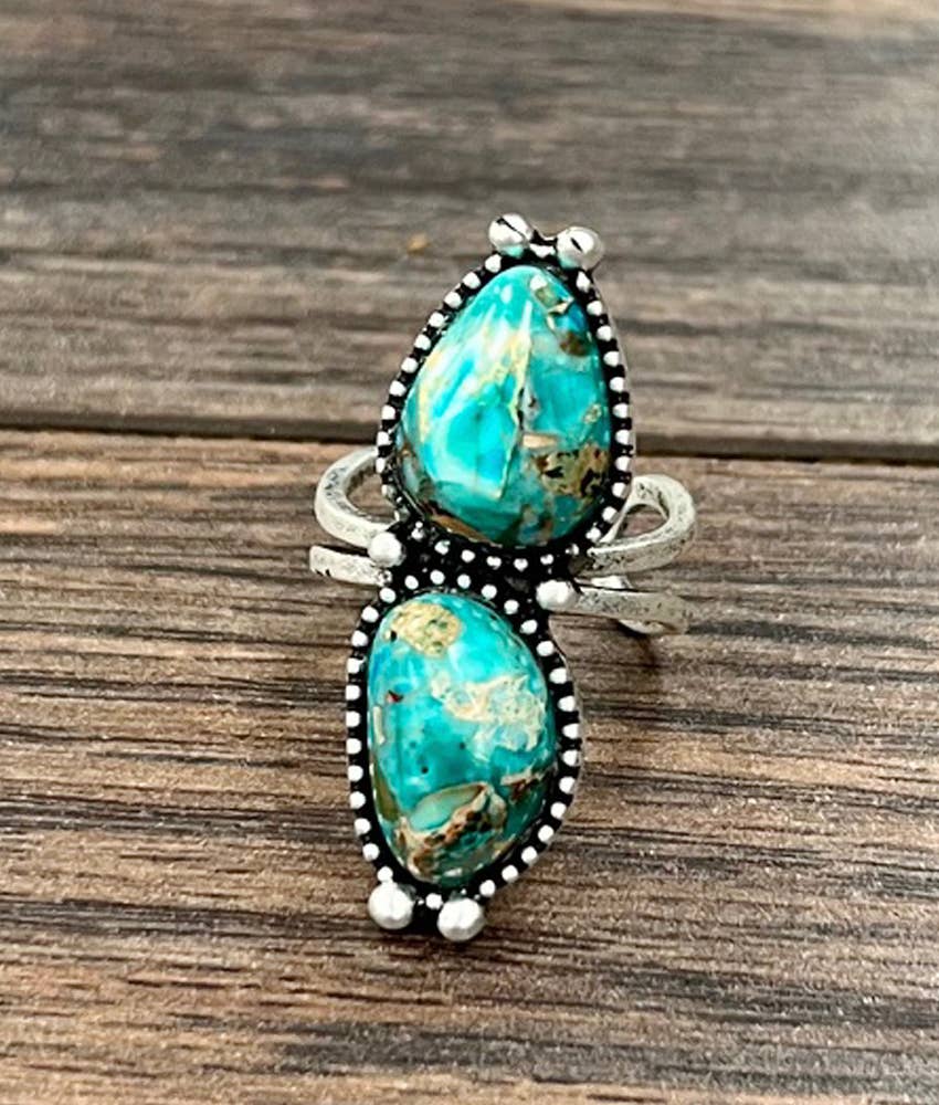 Faux Silver 1.5" Western Gemstone Adjustable Ring