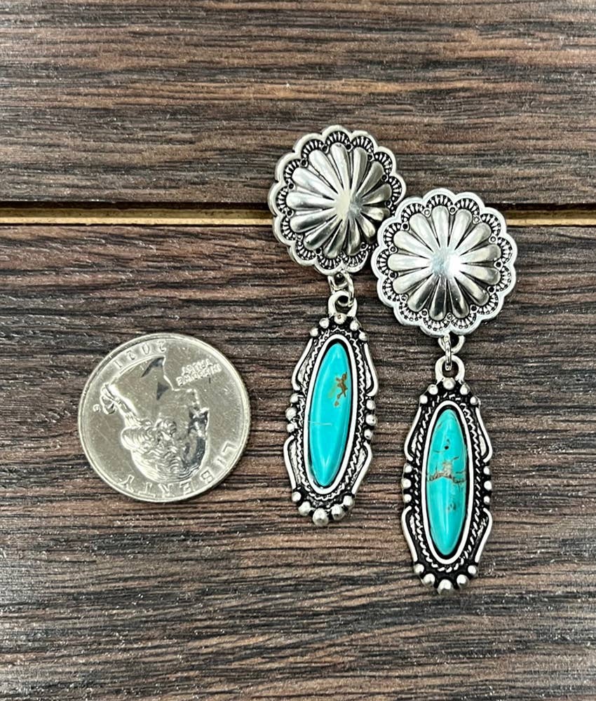 Faux Silver 2.3" Western Turquoise Post Earrings