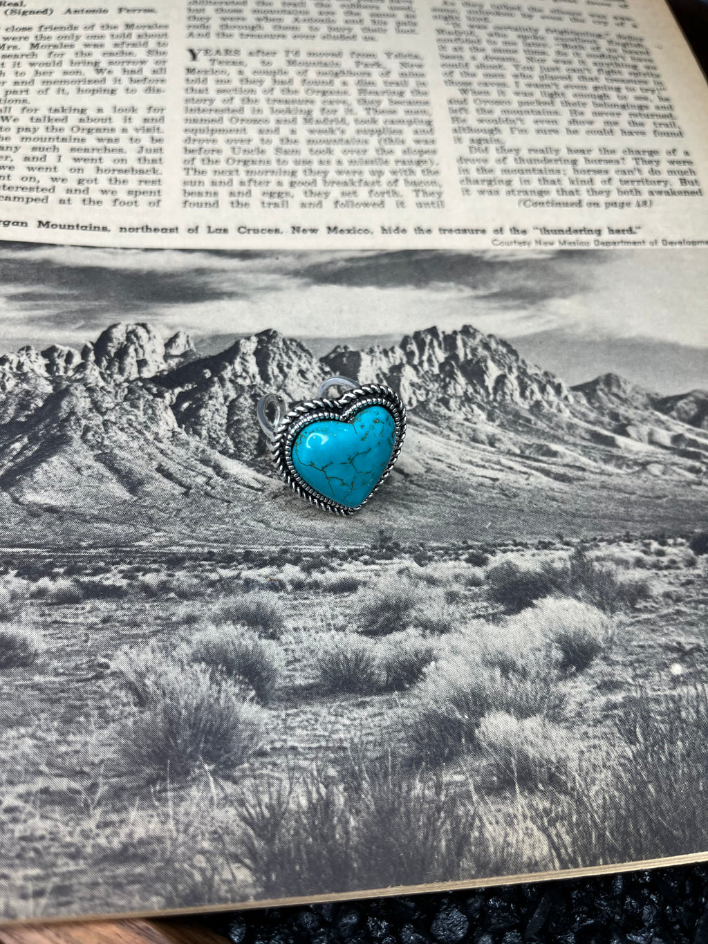 Faux Silver and Turquoise Heart Shaped Adjustable Ring