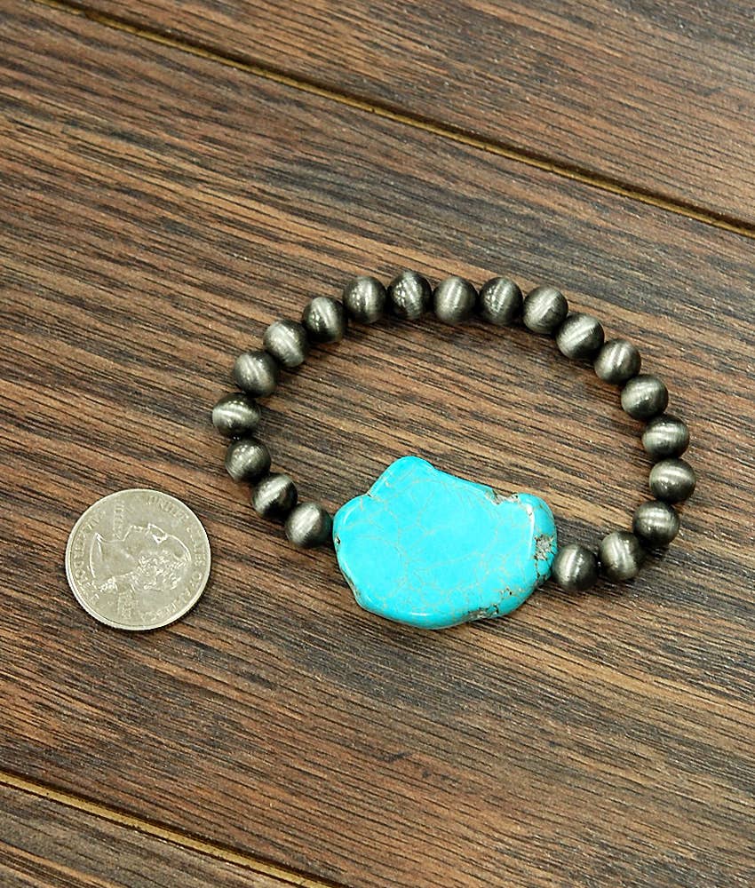 Faux Silver and Turquoise Western Slab Stretch Bracelet
