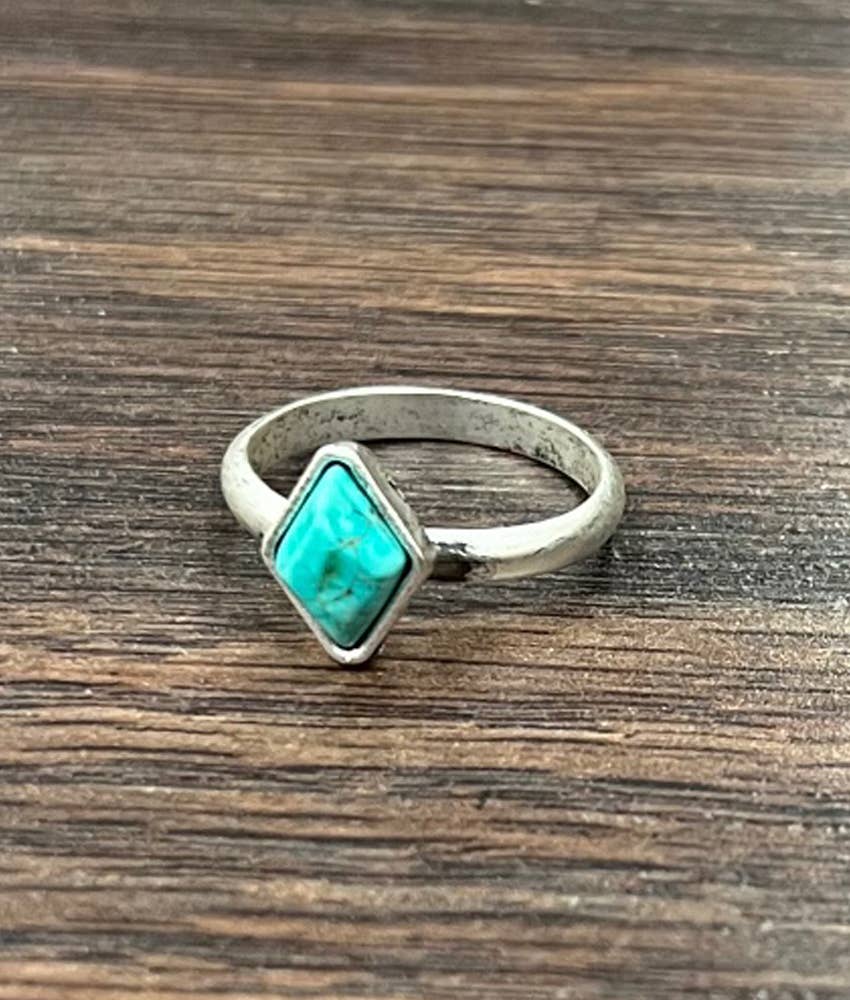Faux Silver Small 10mm Diamond Turquoise Adjustable Ring