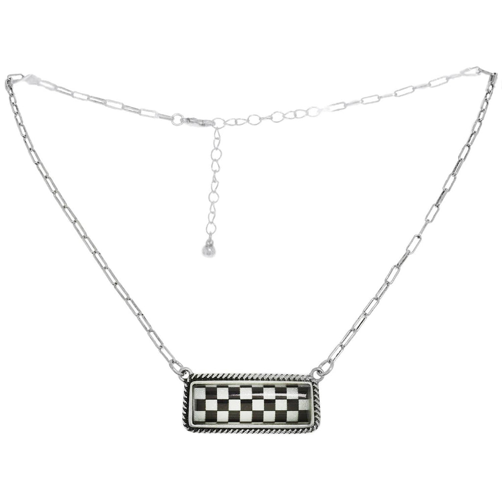 Faux Silver Western Checkerboard Bar Pendant Necklace