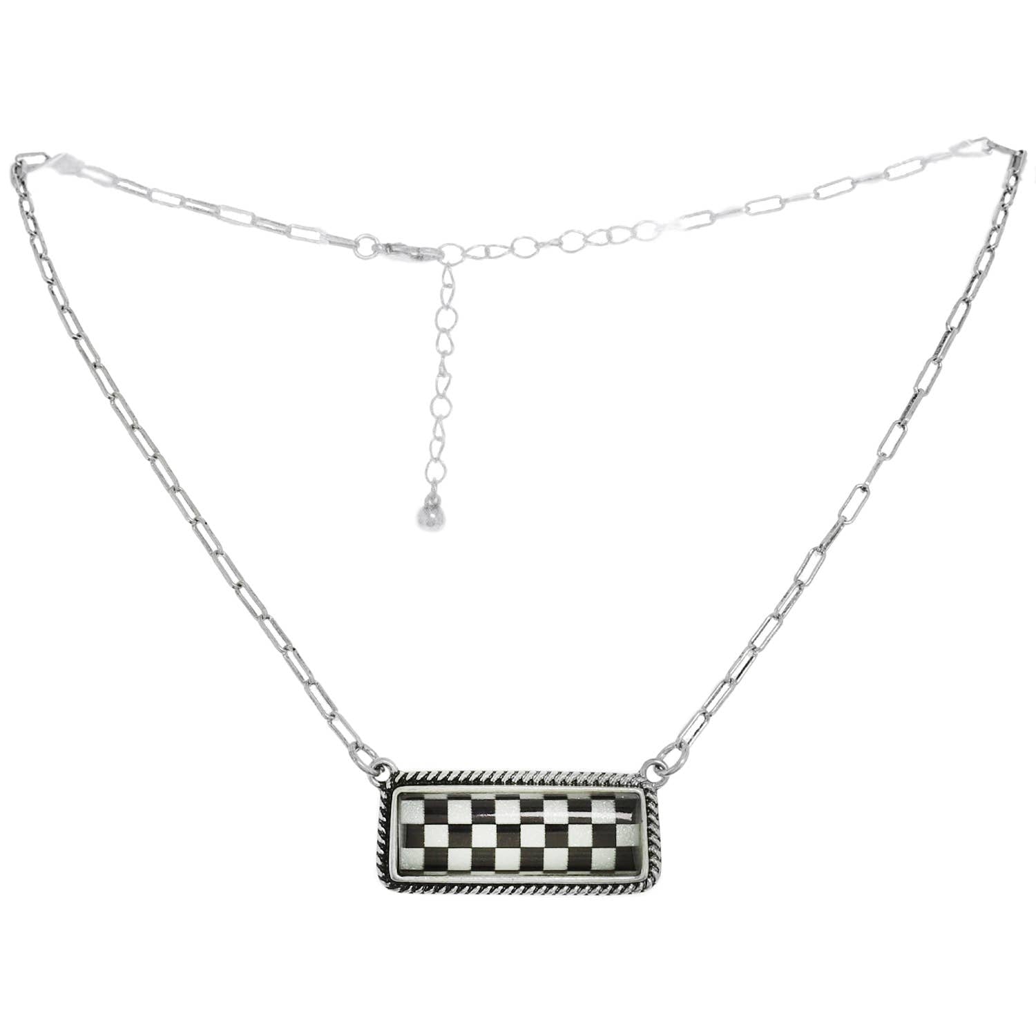 Faux Silver Western Checkerboard Bar Pendant Necklace
