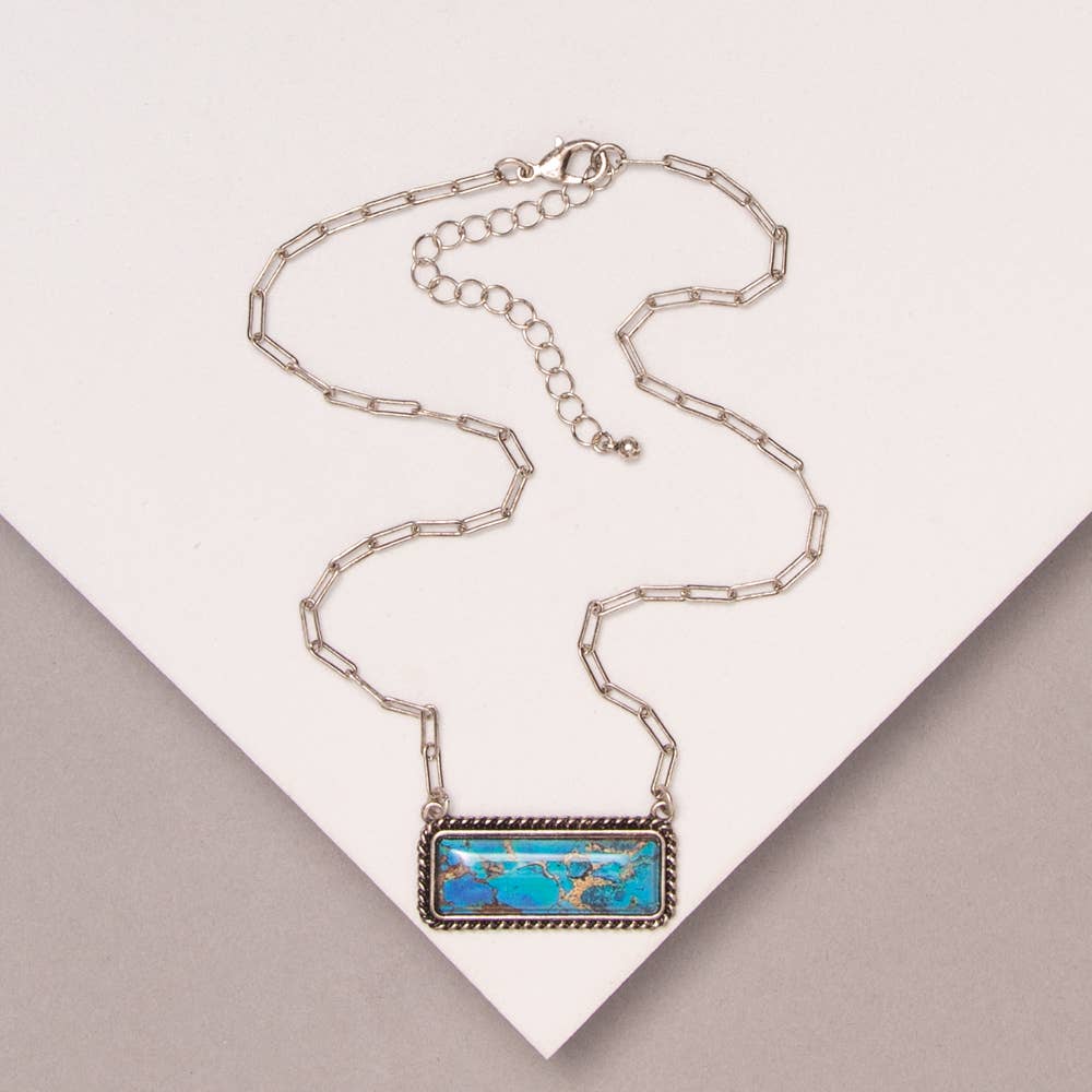 Faux Silver Western Marbled Colored Turquoise Rectangle Pendant Necklace