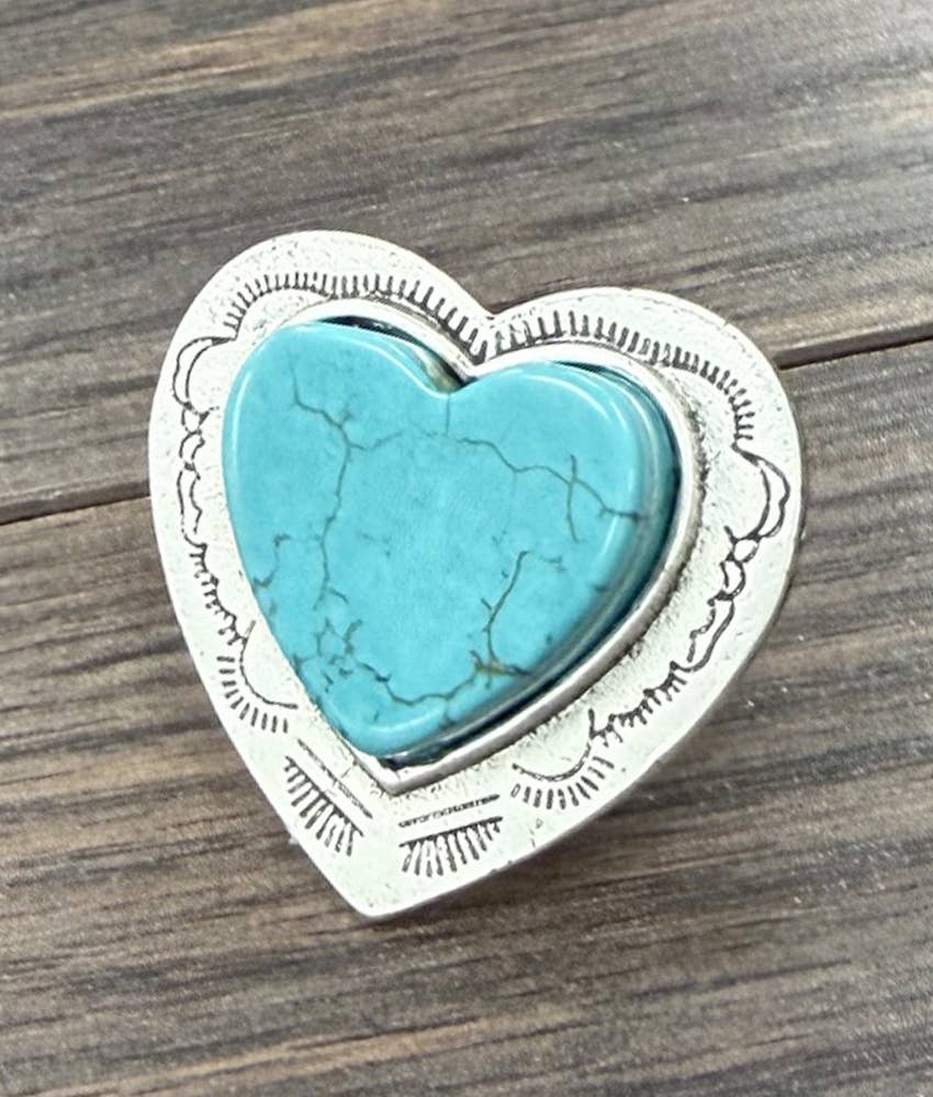 Faux Silver Big 1.6" Heart Turquoise Adjustable Ring