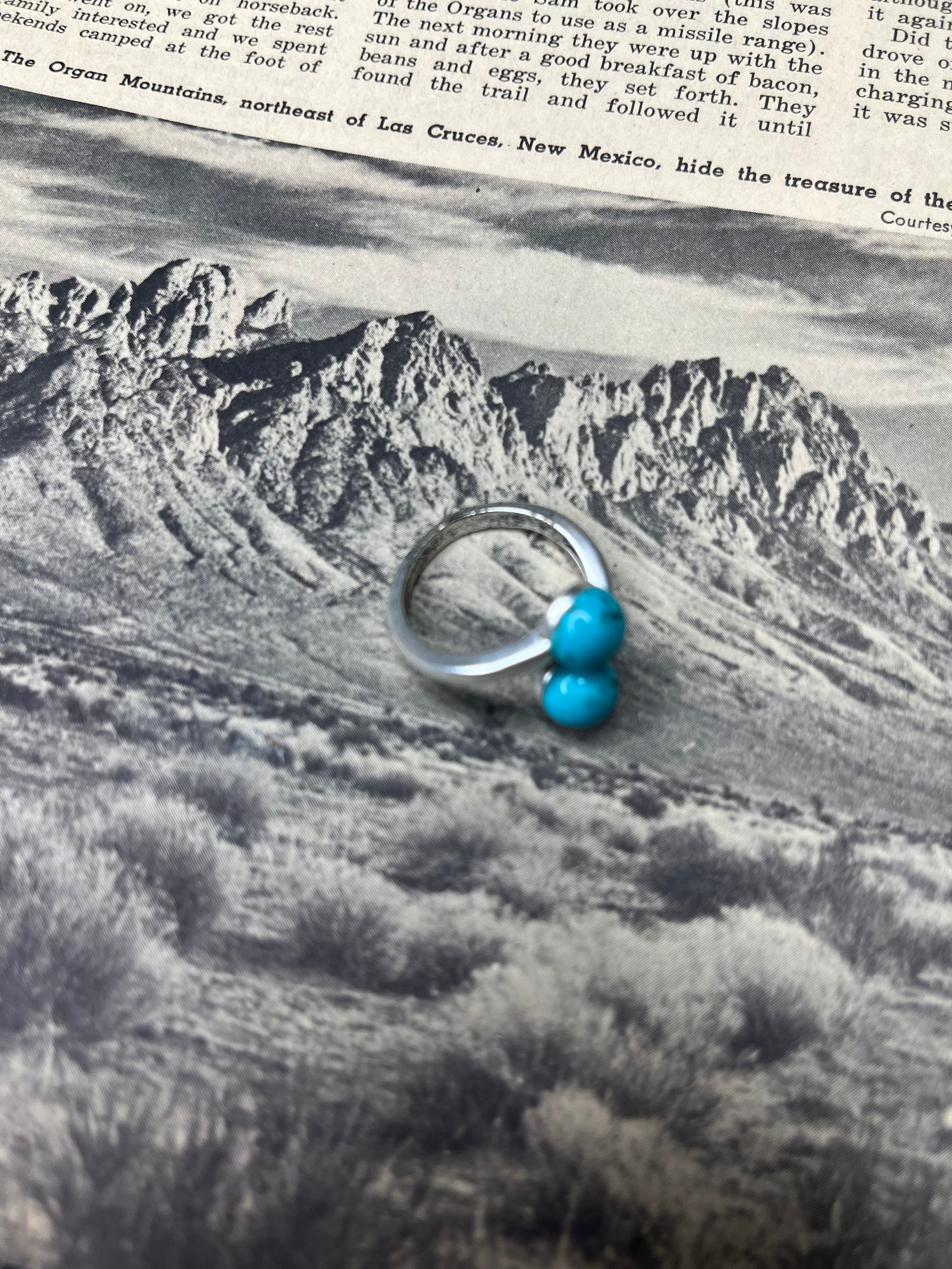 Faux Silver and Turquoise Two Stone Circle Adjustable Ring