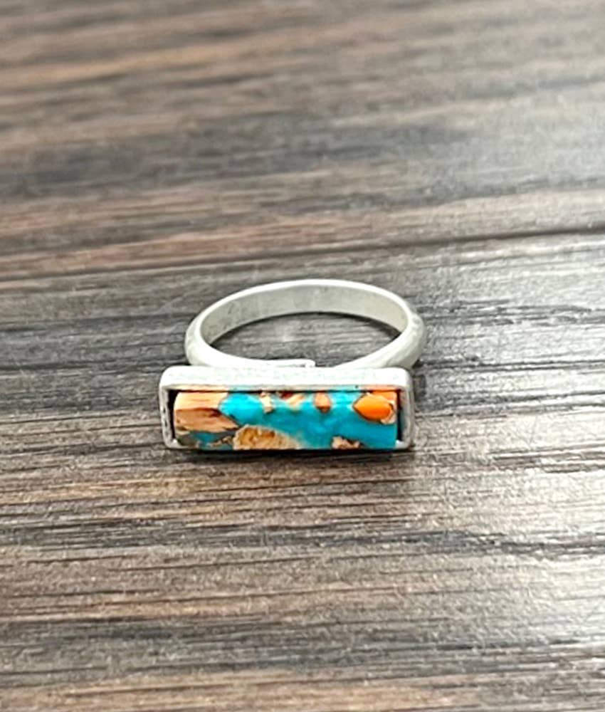 Faux Silver 18mm Side Bar Gemstone Adjustable Ring