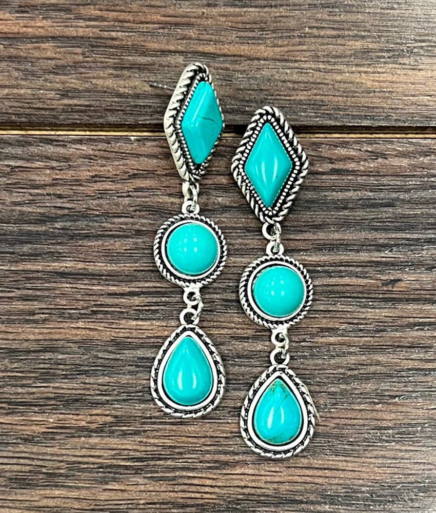 Faux Silver 2.7" Western Turquoise Post Earrings