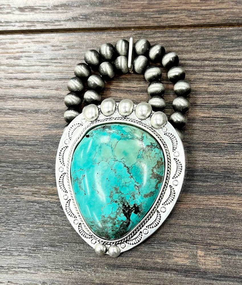 Faux Silver Very-Big 2.7" Western Turquoise Stretch Bracelet