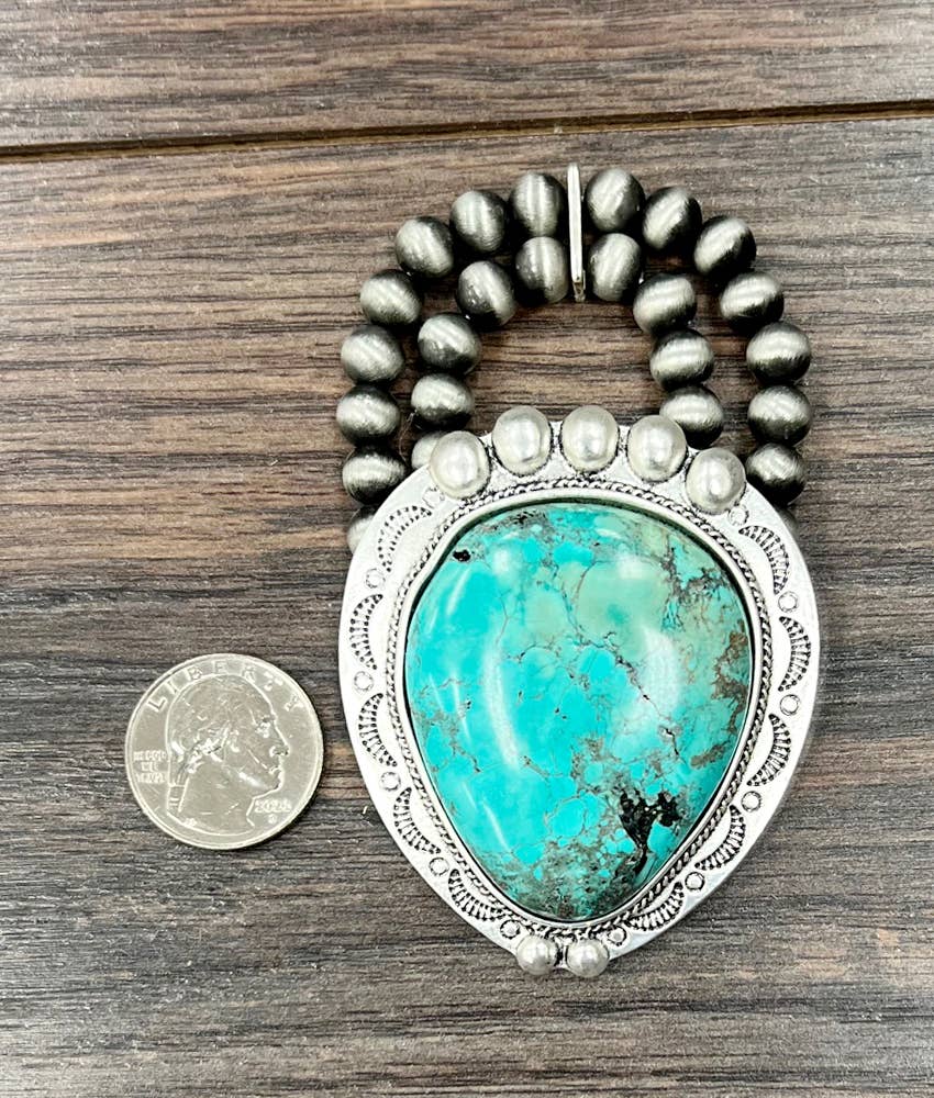 Faux Silver Very-Big 2.7" Western Turquoise Stretch Bracelet