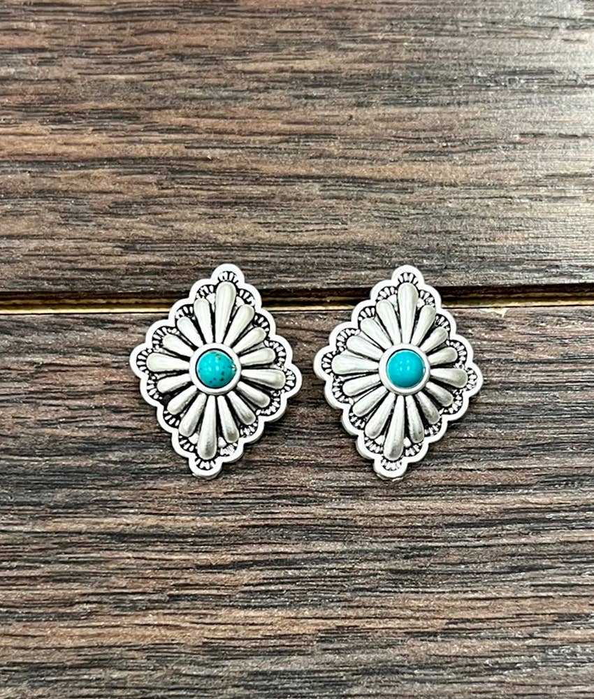 Faux Silver 1" Brass Concho Turquoise Stud Earrings