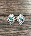 Faux Silver 1" Brass Concho Turquoise Stud Earrings