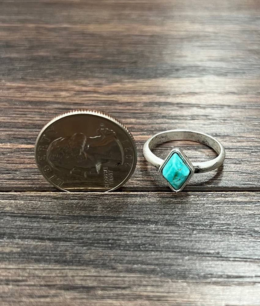 Faux Silver Small 10mm Diamond Turquoise Adjustable Ring