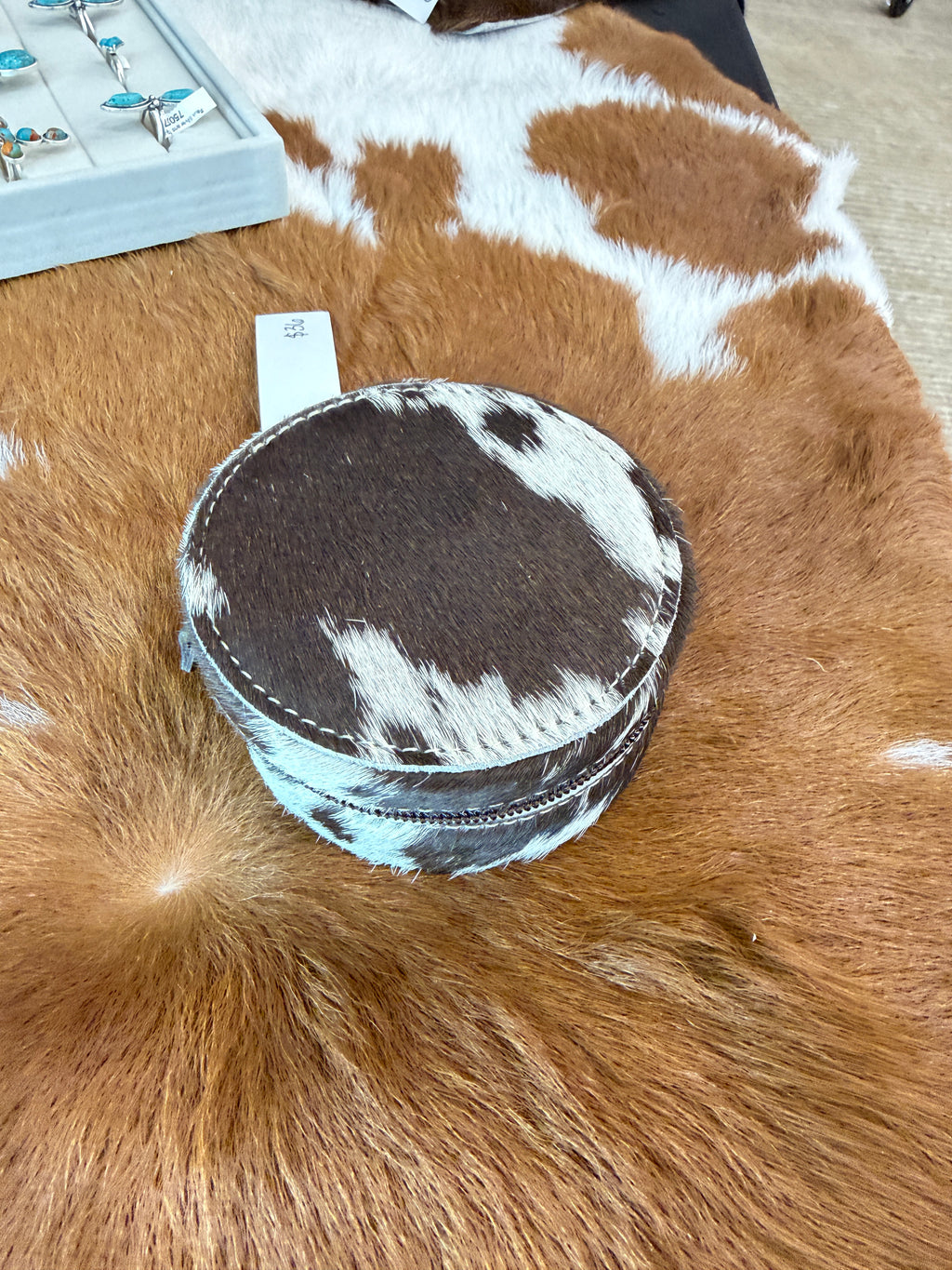 Mini Circle Cow Hide Jewelry Box