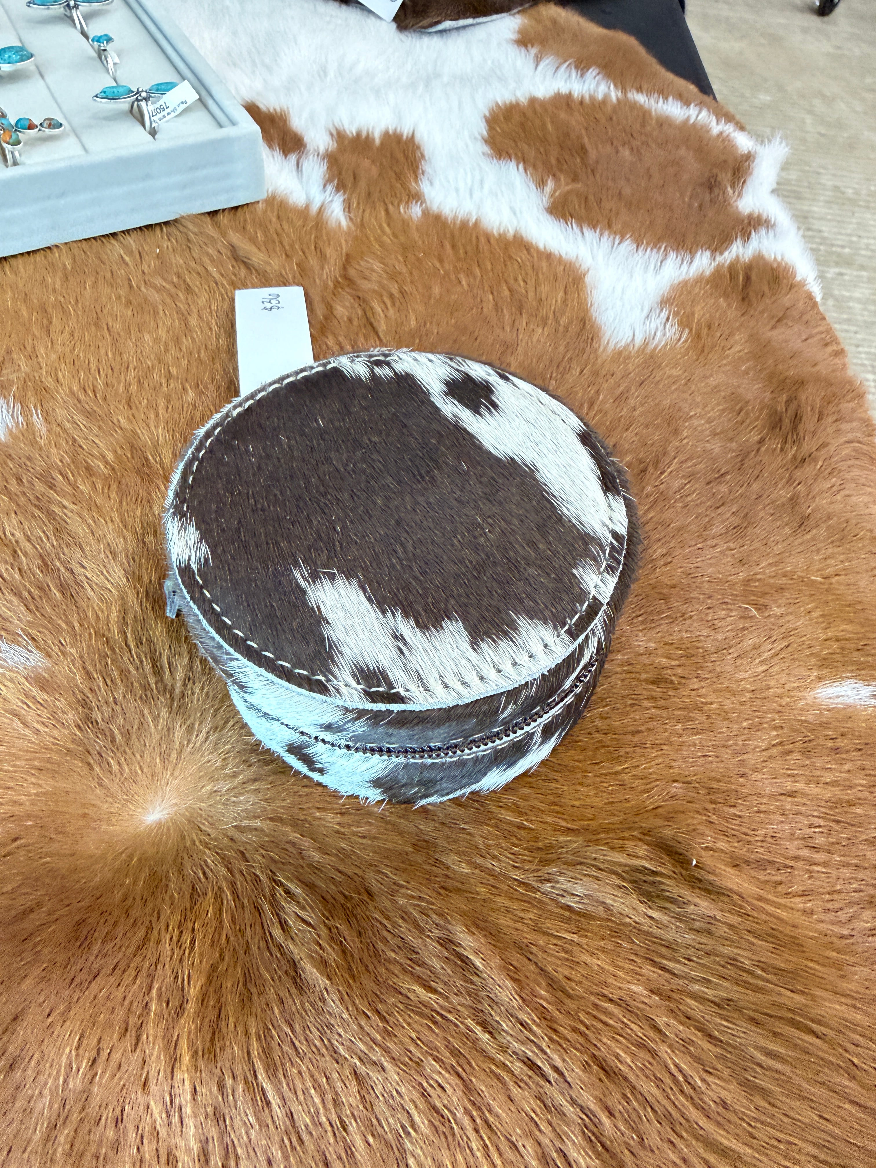 Mini Circle Cow Hide Jewelry Box