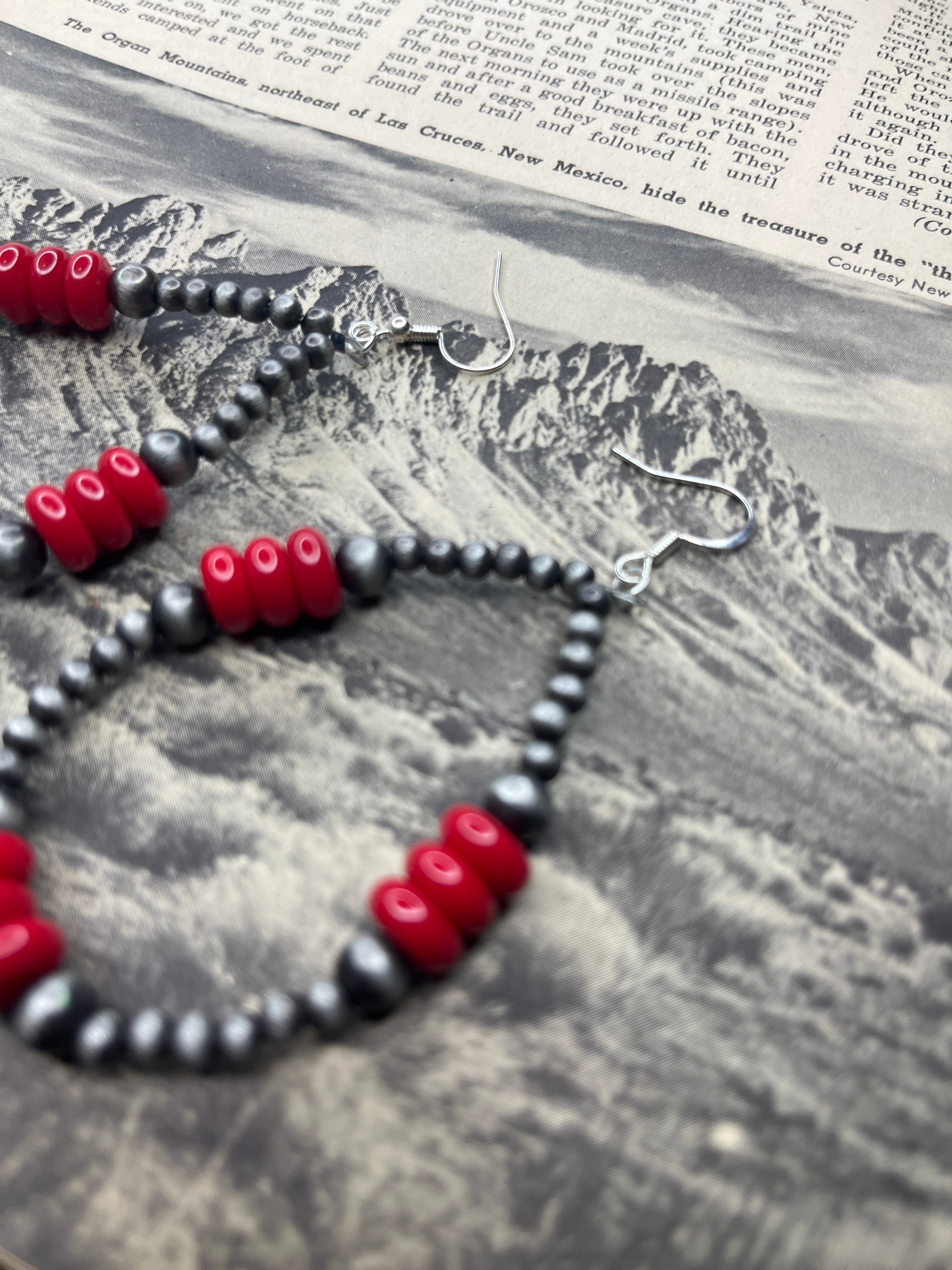 Red Accent Faux Silver Pearl Earrings