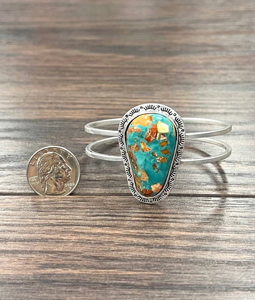 Faux Silver Western Gemstone Brass Cuff Bracelet
