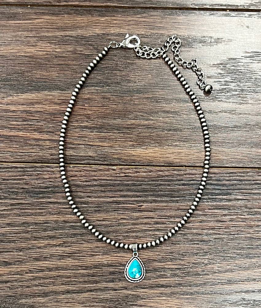 Faux Silver Handmade 15" Gemstone Necklace with Pendant