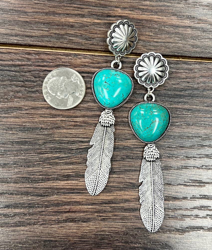 Faux Silver 4" Western Feather Turquoise Post Earrings