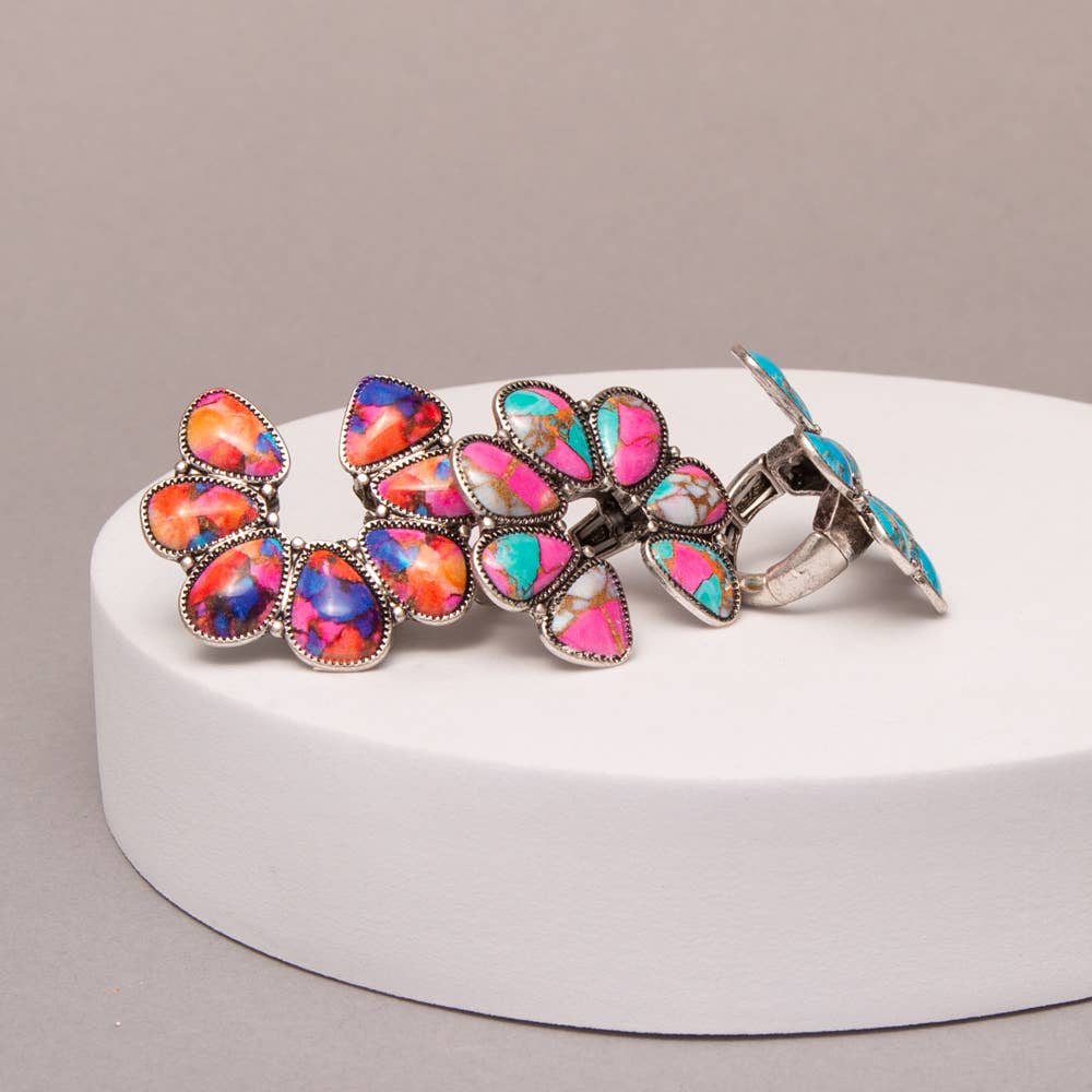 Faux Silver Western Squash Blossom Stone Stretch Ring