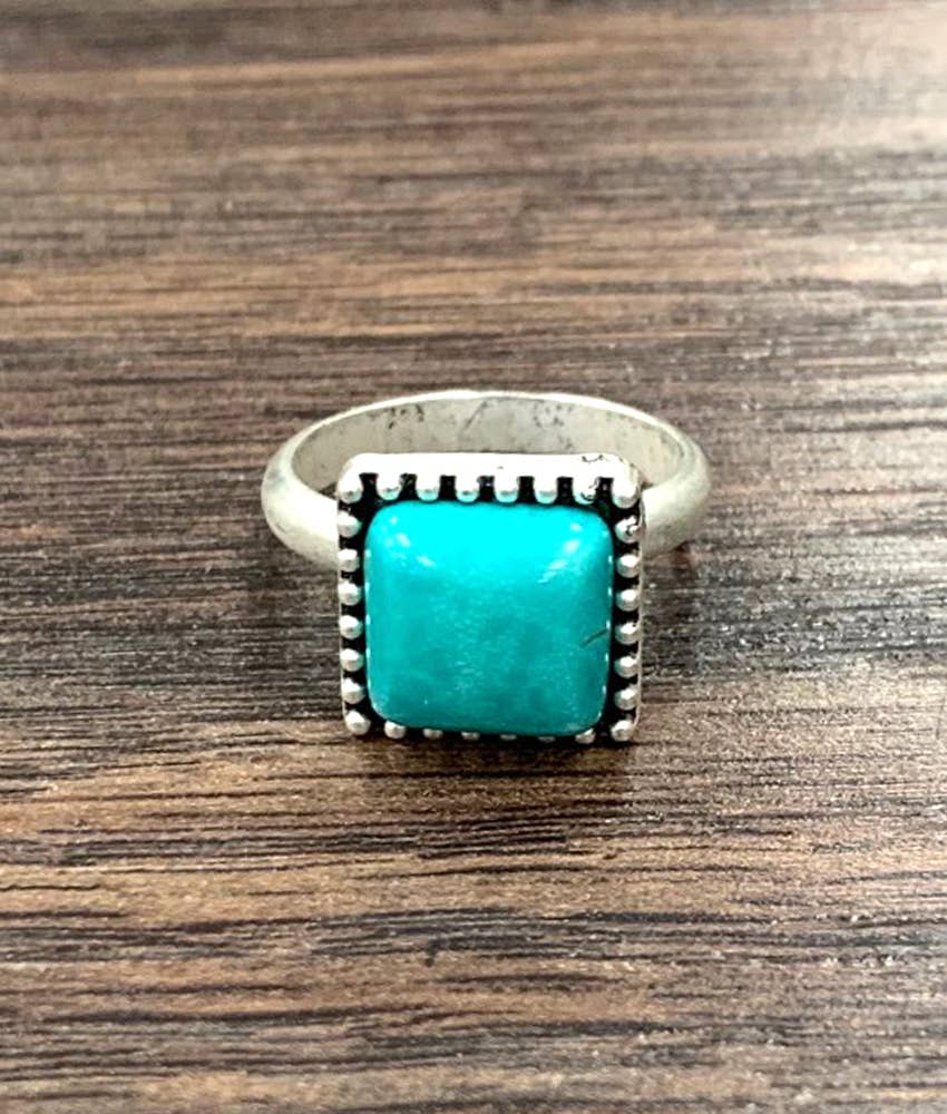 Faux Silver 10mm Square Turquoise Adjustable Ring