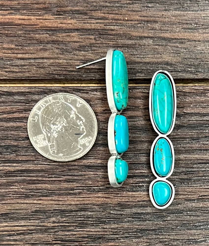 Faux Silver and Long Turquoise Stud Earrings