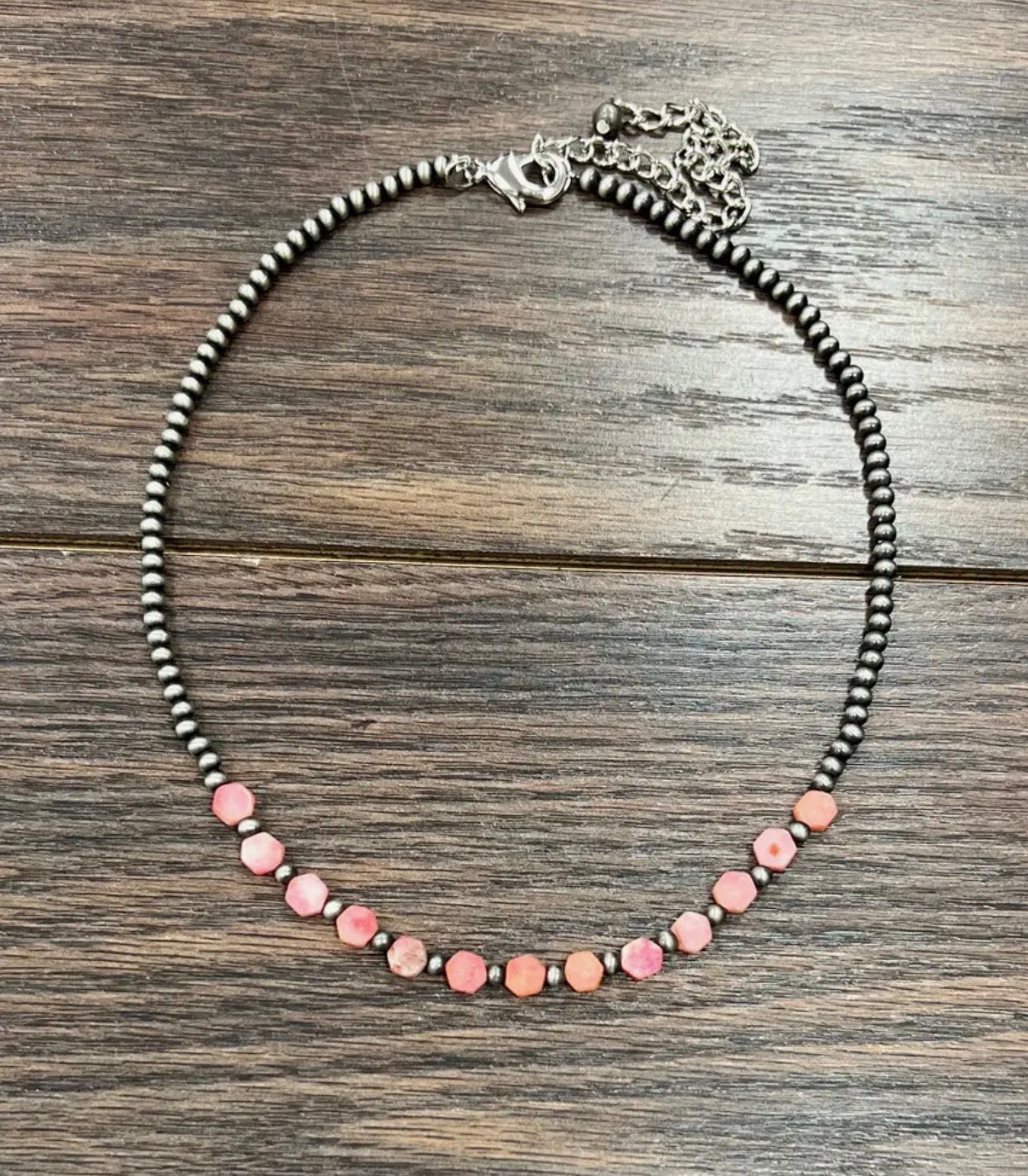 Small Faux Silver Pearls and Pink Gemstone Necklace