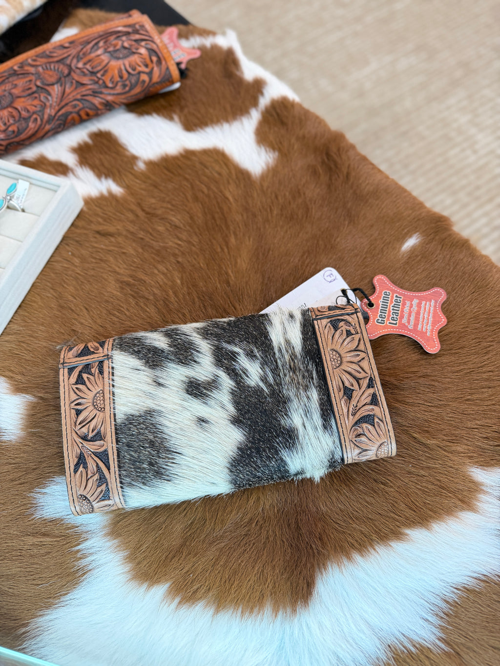 O'hlay Black & White Cow Hide Tooled Leather Wallet