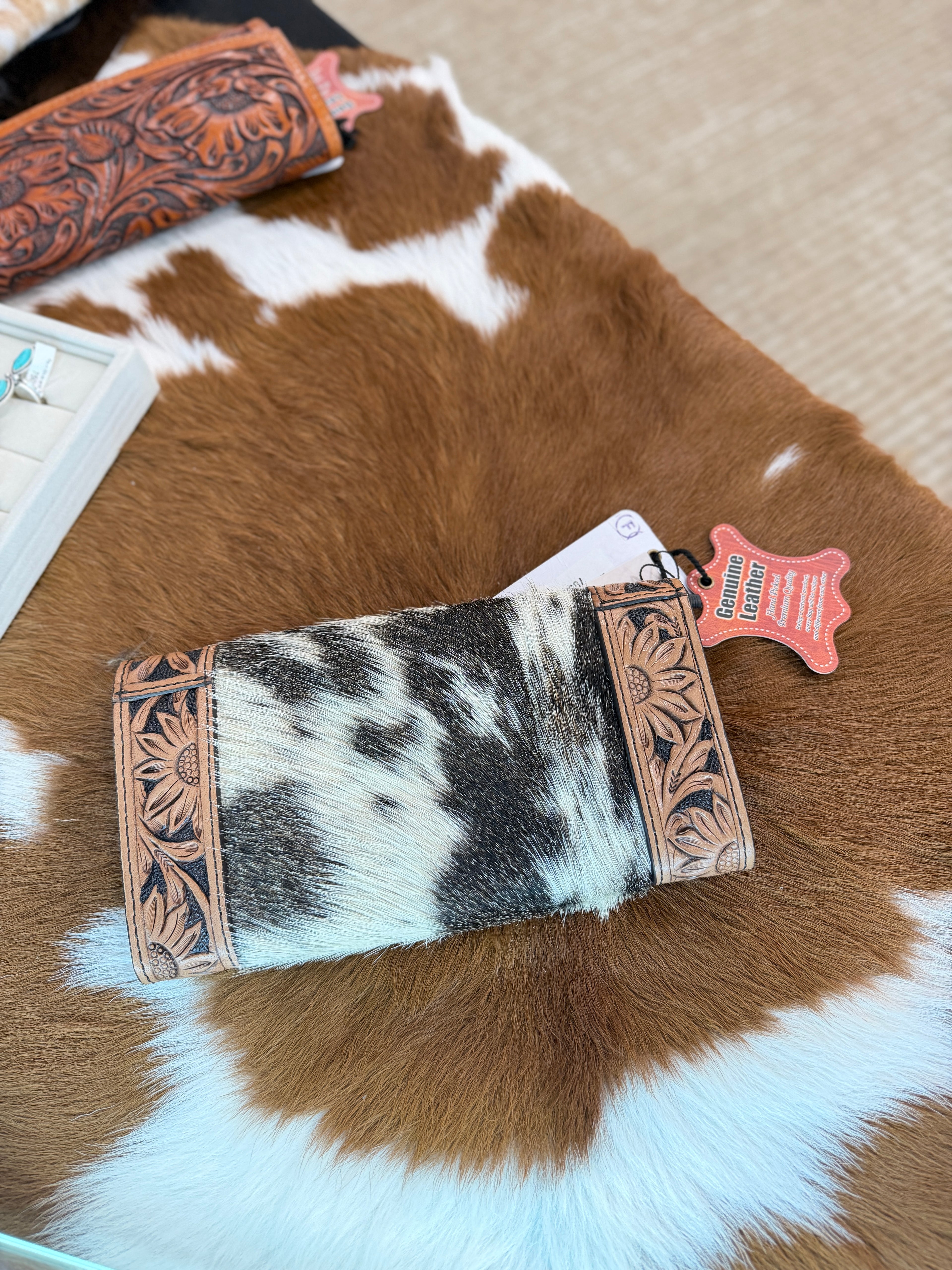 O'hlay Black & White Cow Hide Tooled Leather Wallet