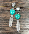 Faux Silver 4" Western Feather Turquoise Post Earrings