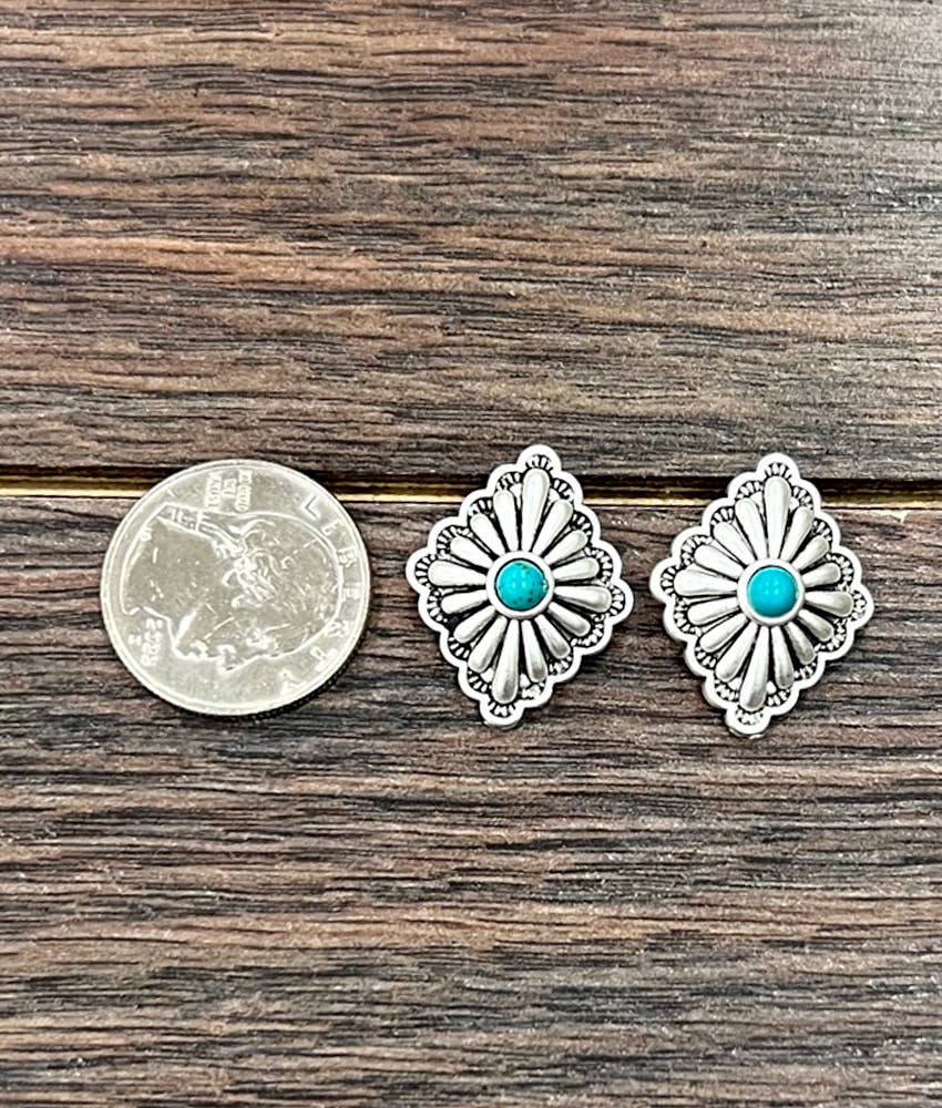Faux Silver 1" Brass Concho Turquoise Stud Earrings