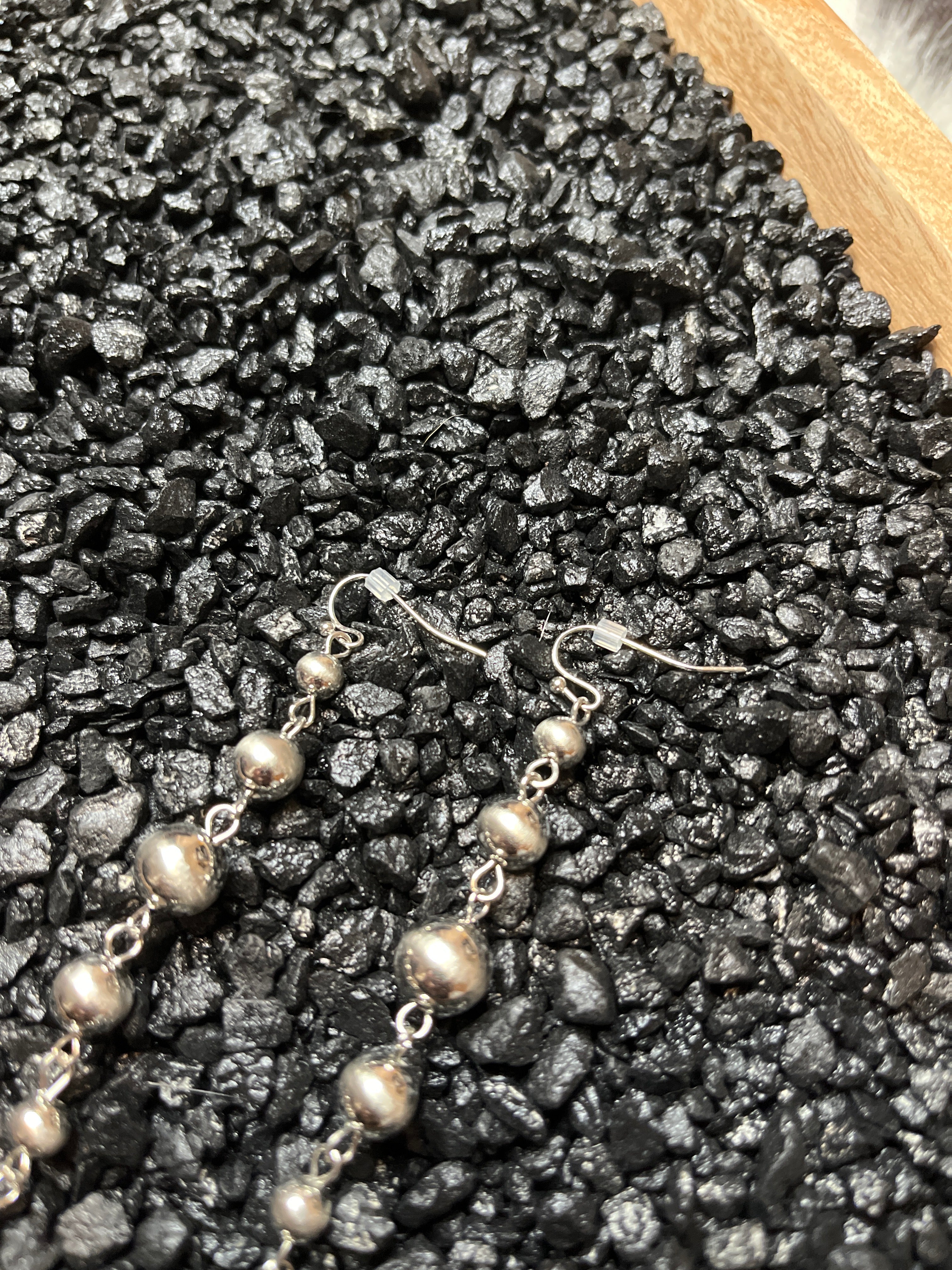 Faux Silver Polished Look Pearls Rosary Style Dangle Earrings