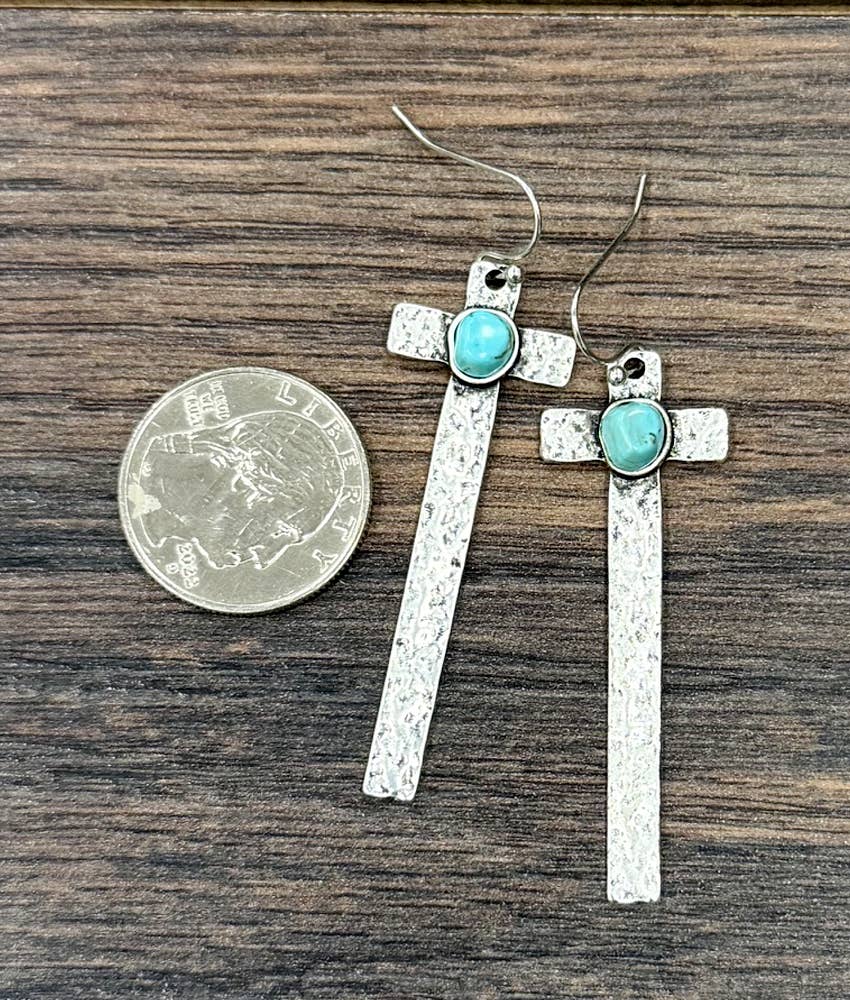 Faux Silver 2.2" Cross Turquoise Earrings