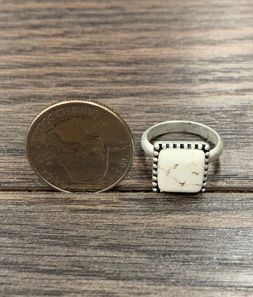 Faux Silver 10mm Square White Turquoise Adjustable Ring