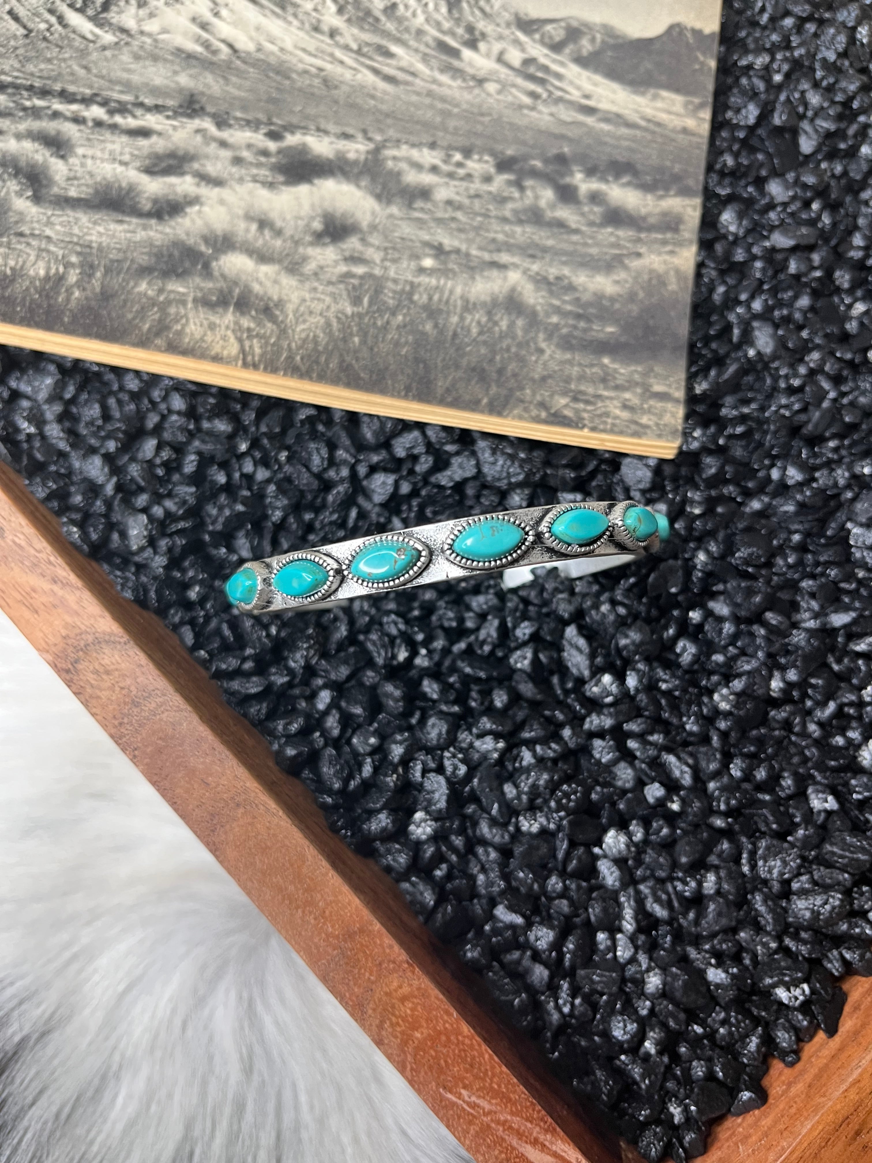 Faux Silver and Turquoise 8 Stone Detailed Adjustable Cuff
