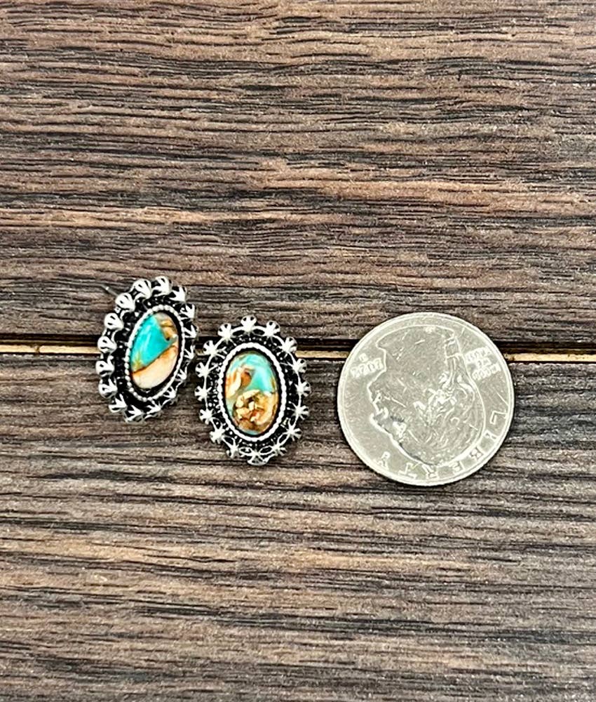 Faux Silver Oval Gemstone Stud Earrings