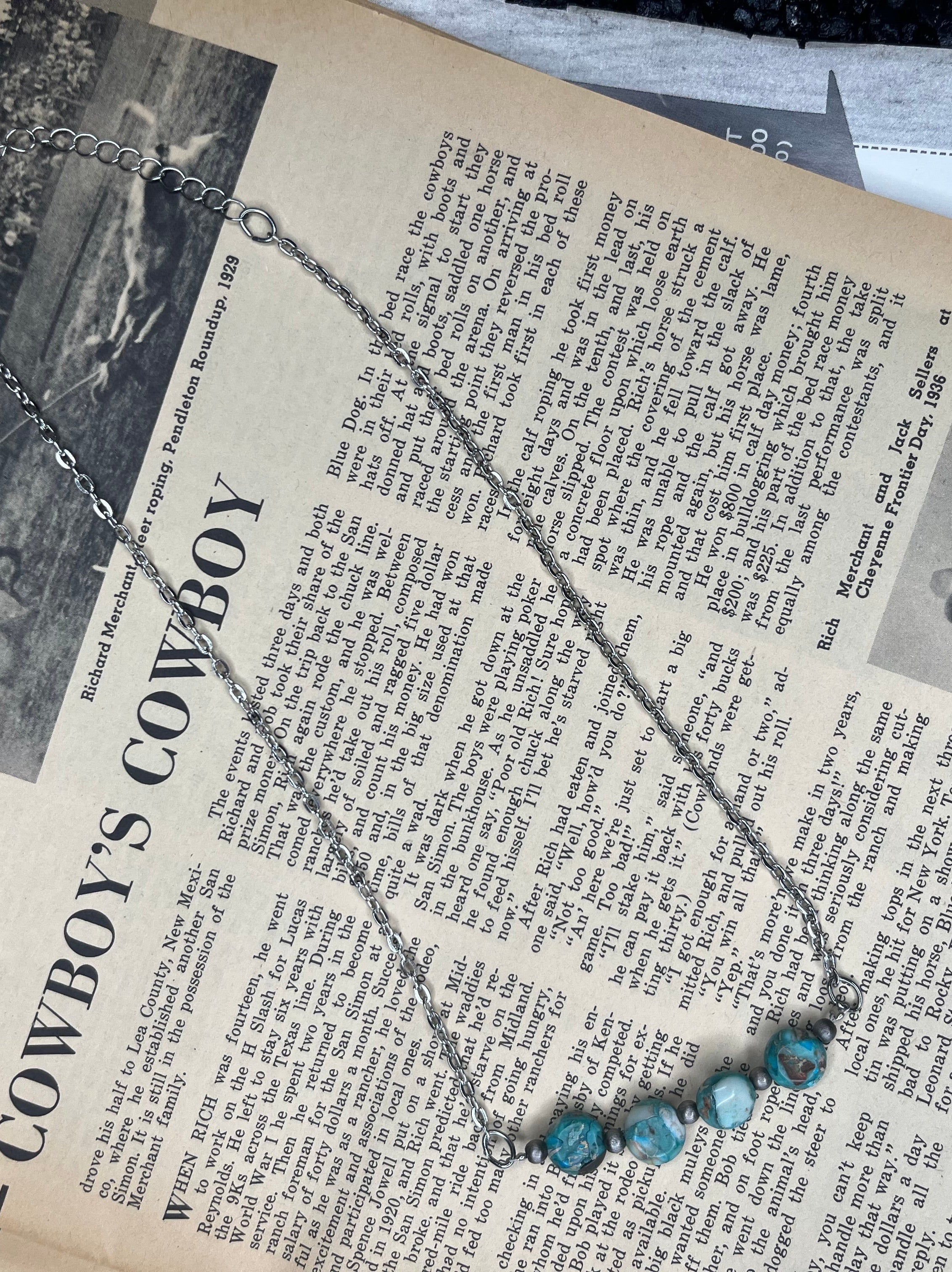15” Faux Silver Pearls and Turquoise Bar Necklace