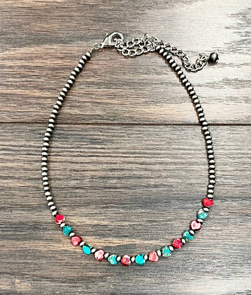 Faux Silver 15" Heart Gemstone Necklace