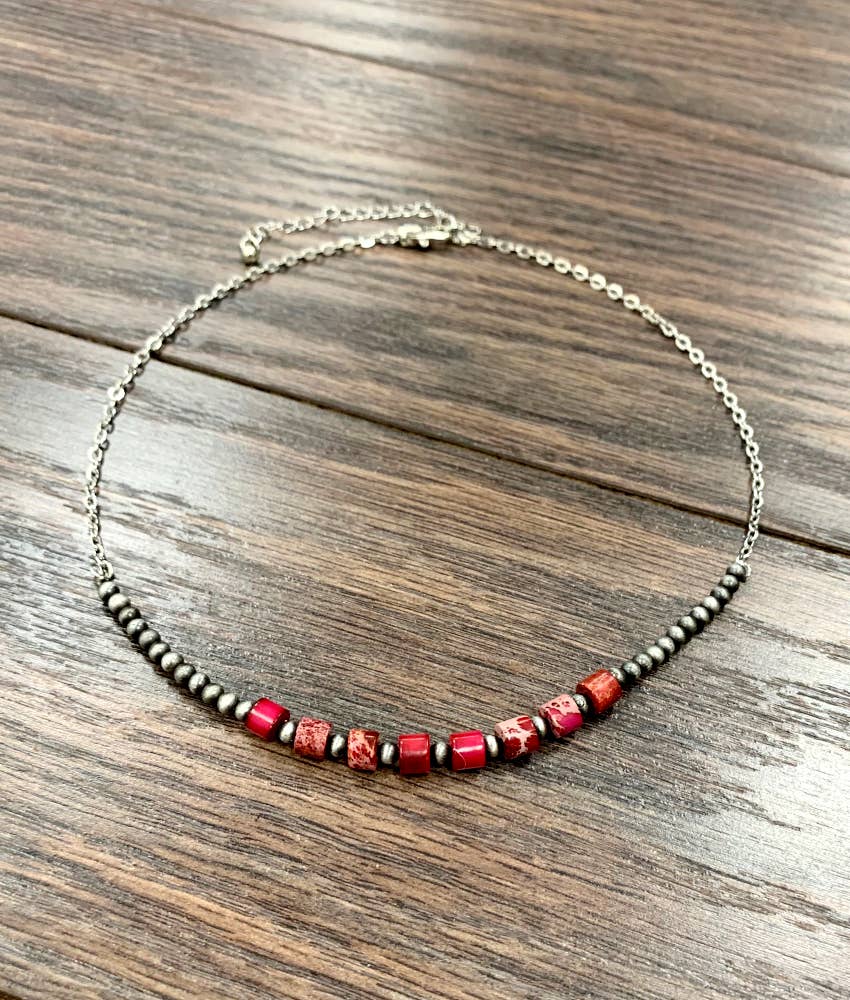Faux Silver 15" Western 6mm Gemstone Necklace