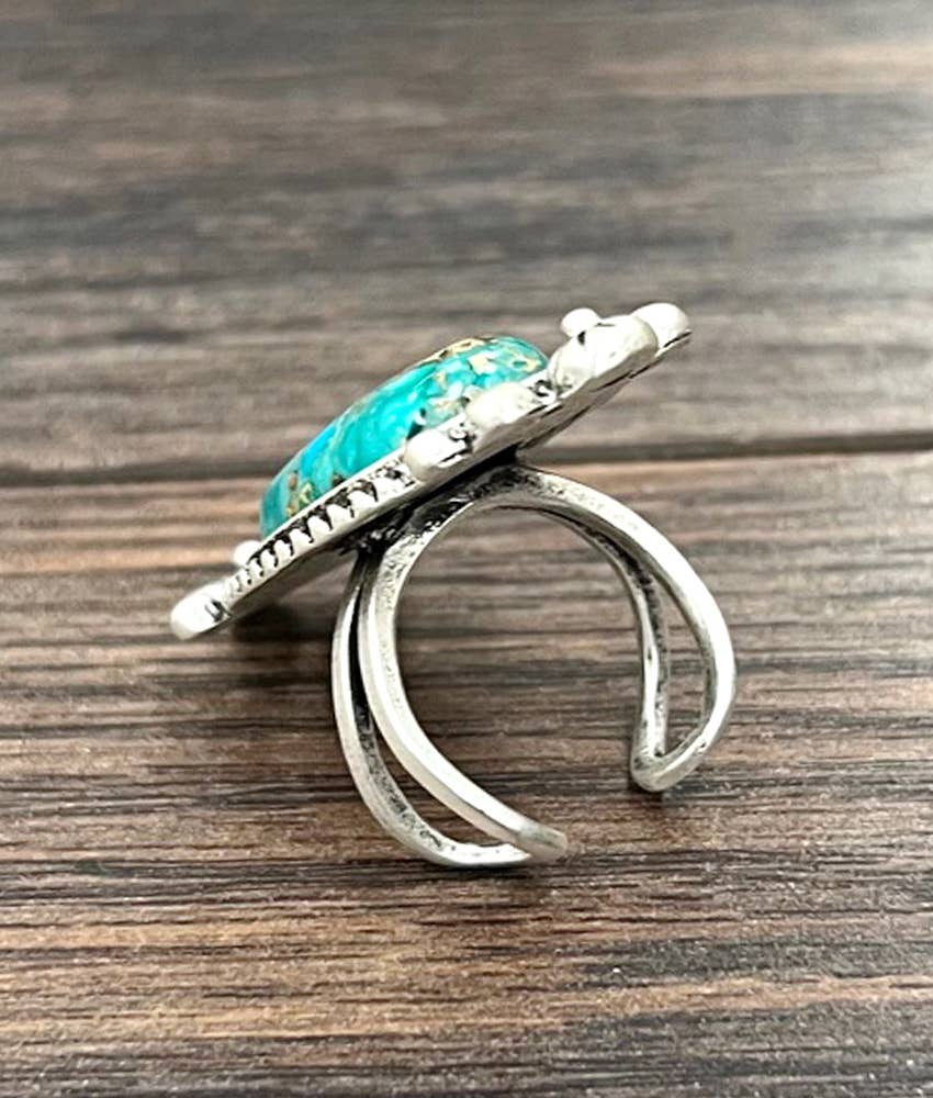 Faux Silver Big 1.8" Western Gemstone Adjustable Ring