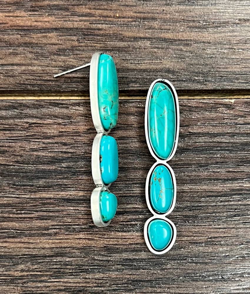 Faux Silver and Long Turquoise Stud Earrings