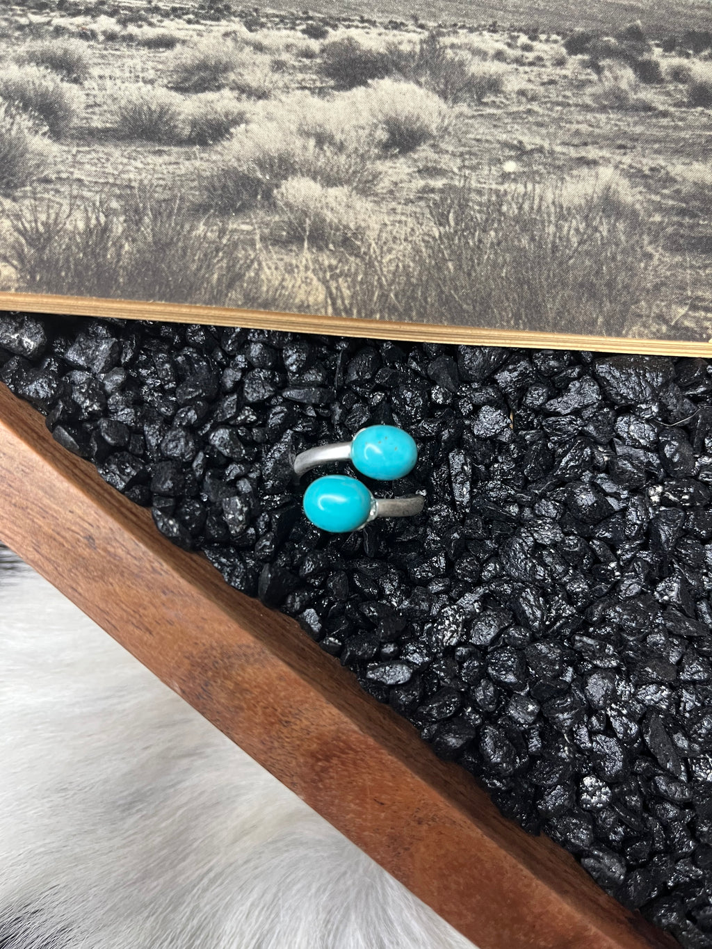 Faux Silver and Turquoise Oval 2 Stone Adjustable Ring