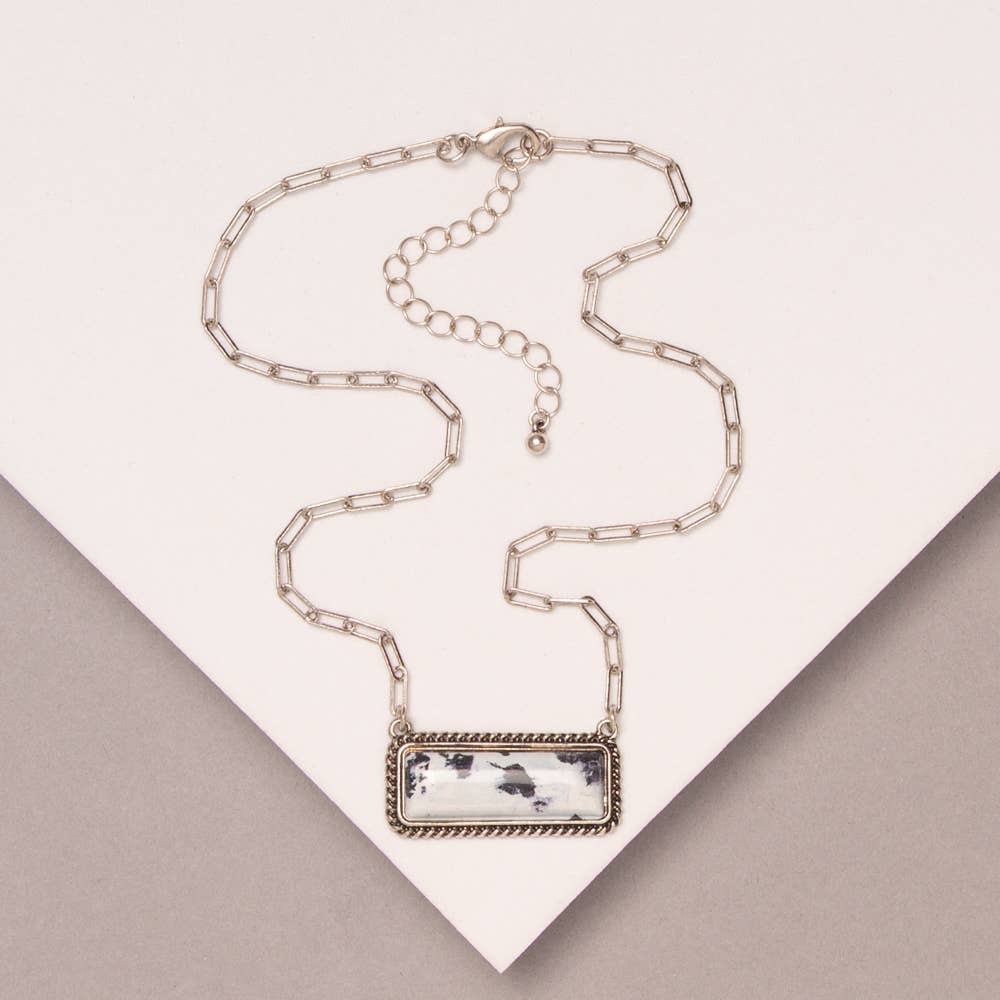 Faux Silver Western Marbled Colored Turquoise Rectangle Pendant Necklace