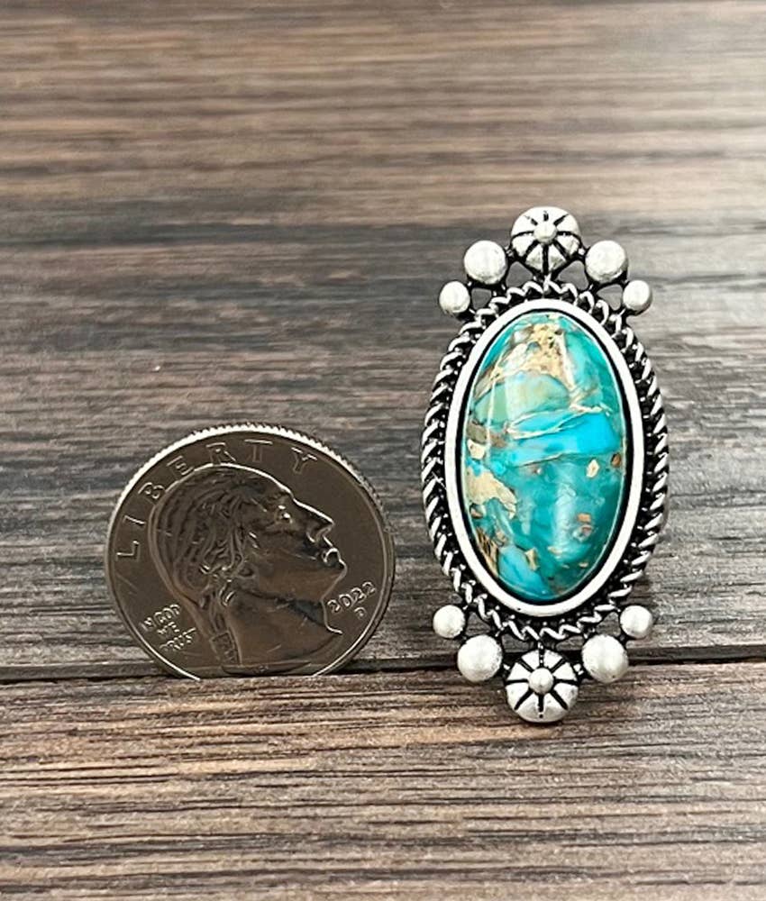 Faux Silver Big 1.8" Western Gemstone Adjustable Ring