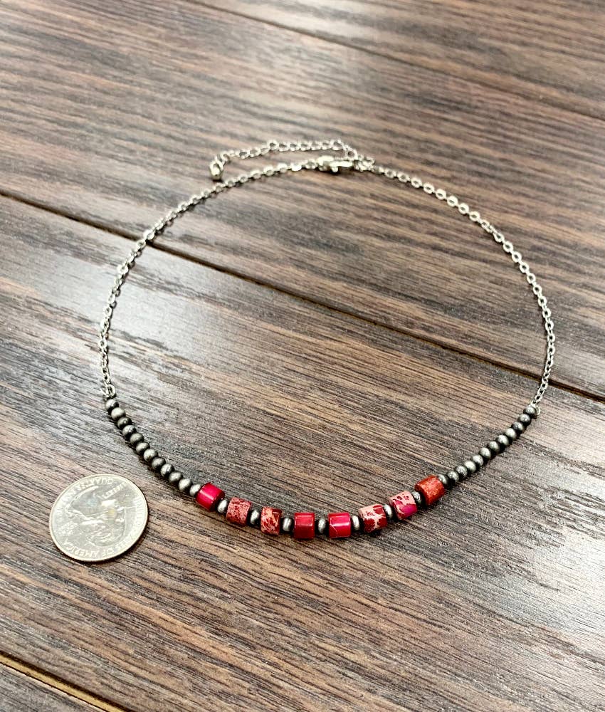 Faux Silver 15" Western 6mm Gemstone Necklace