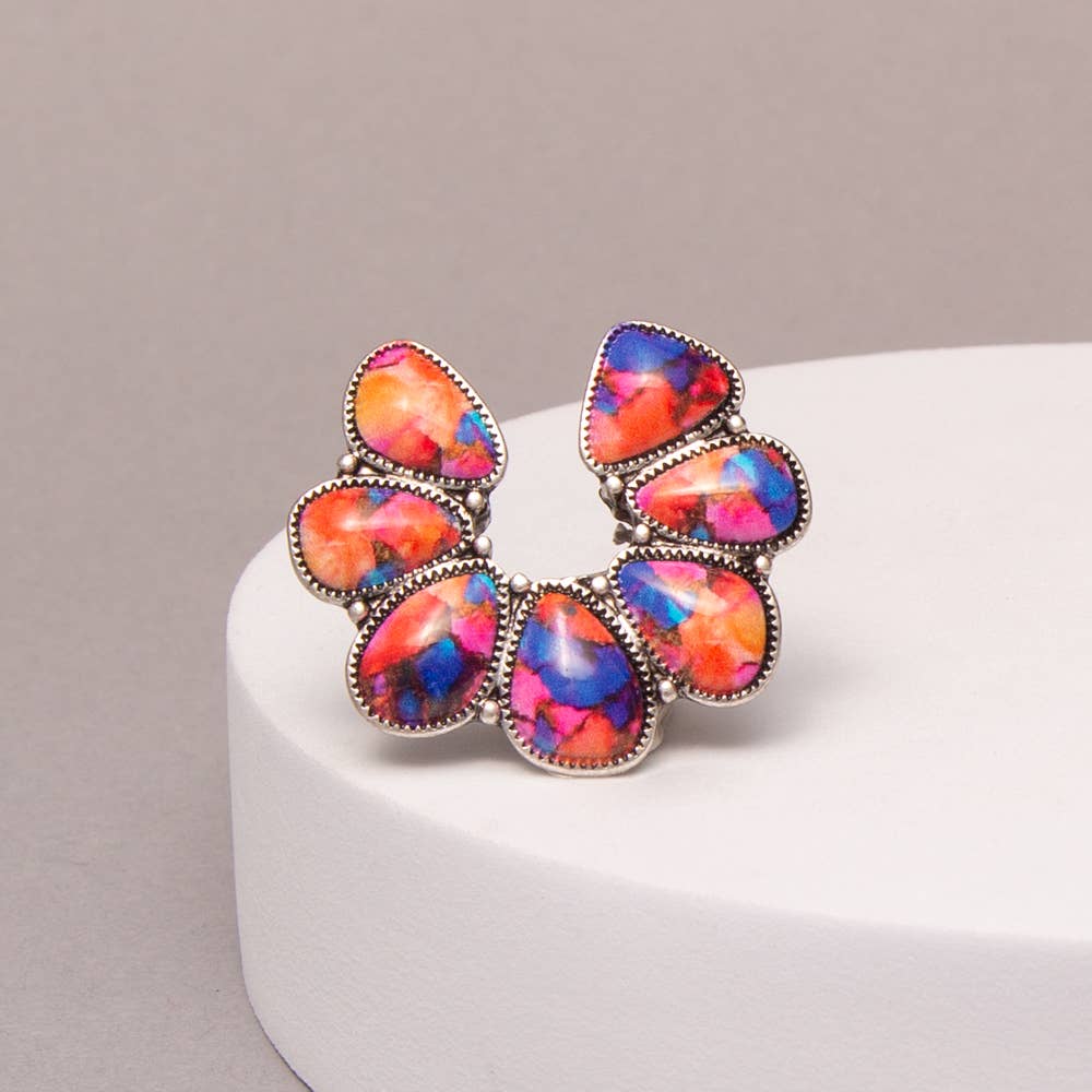 Faux Silver Western Squash Blossom Stone Stretch Ring