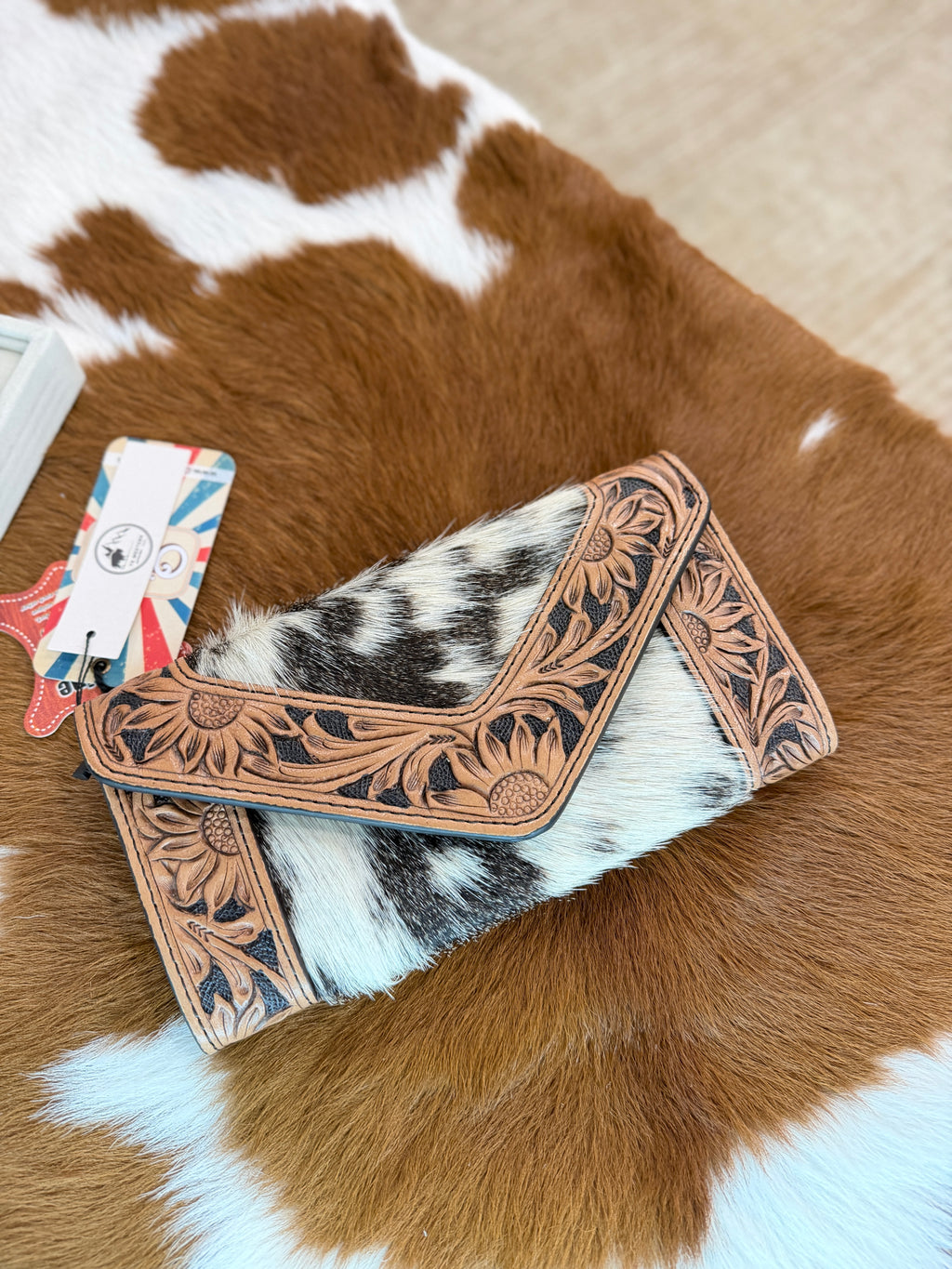 O'hlay Black & White Cow Hide Tooled Leather Wallet