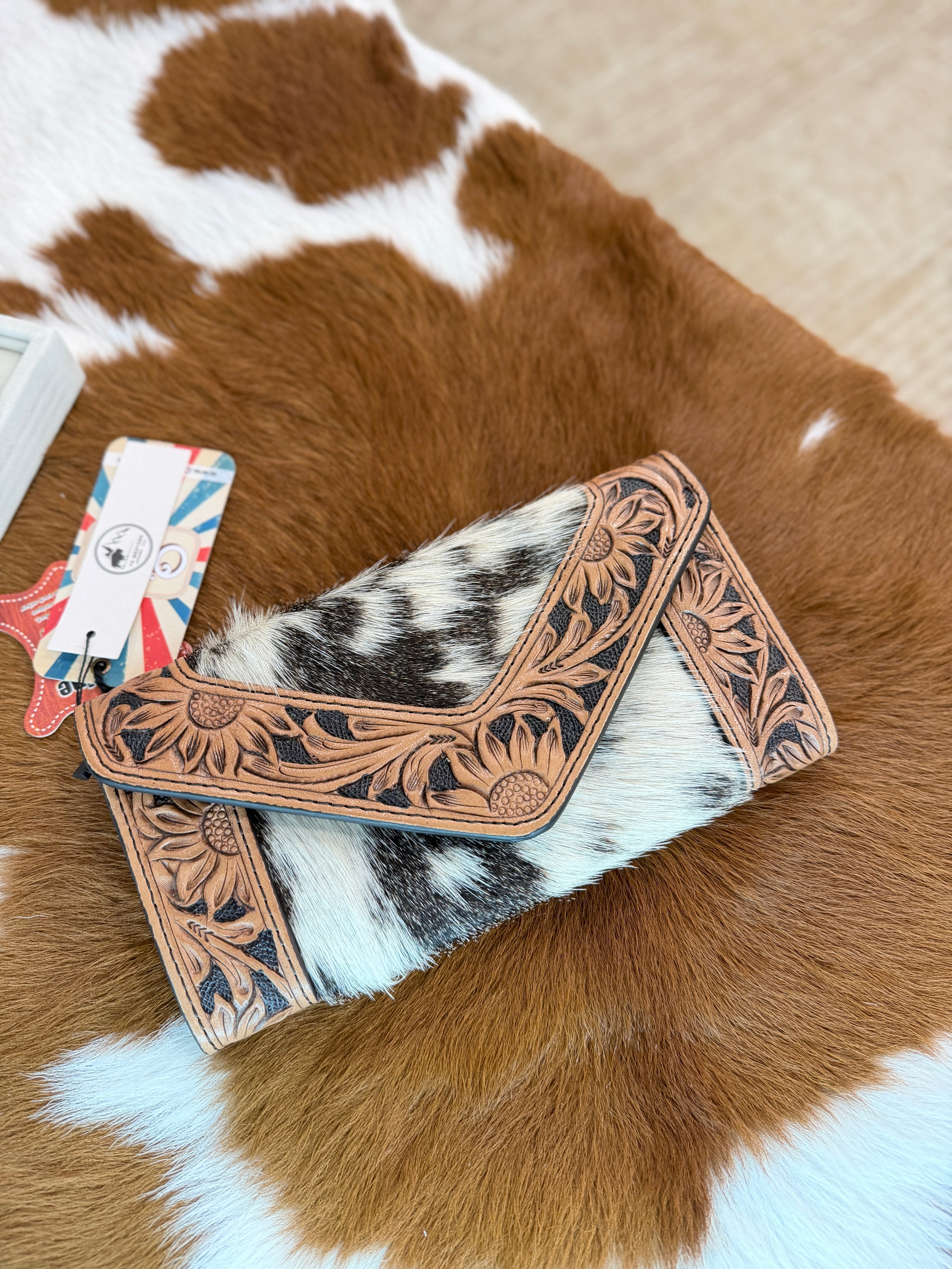 O'hlay Black & White Cow Hide Tooled Leather Wallet